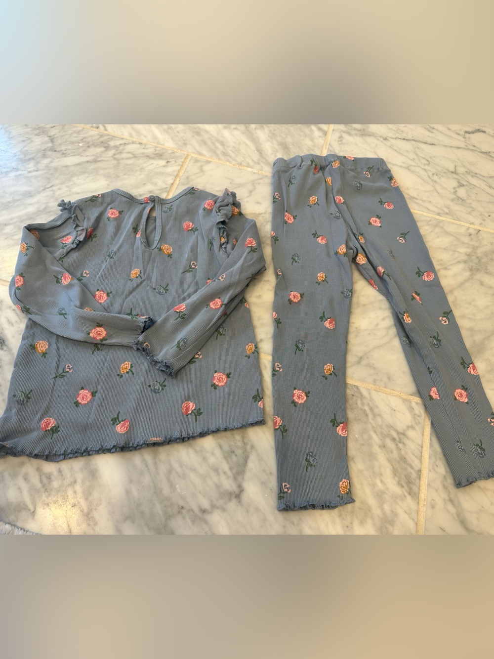Girls' Blue Floral Ruffle-Trim Ribbed Play Set - Picture 3 of 3